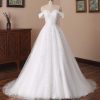 Lace Train Wedding Dress for Bride Aline Applique Bride Dress Long Tulle Off Shoulder Strapless