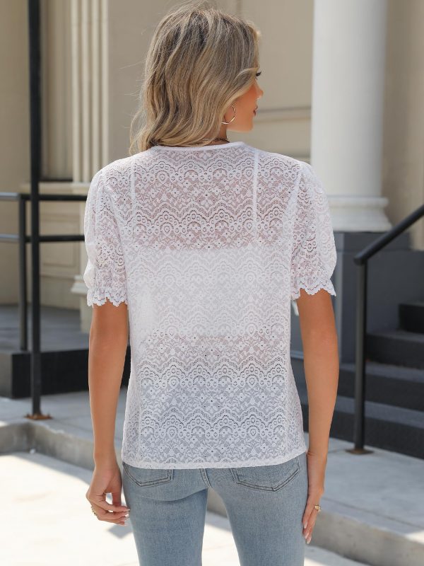 Lace Tops for Women Dressy Casual V Neck Short Sleeve Button Down Shirts Bussiness Work Office Summer Blouses