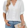 Womens Dressy Casual Blouse Short Puff Sleeve V Neck Lace Tops Summer Trendy Cute Ladies Business Work Shirt