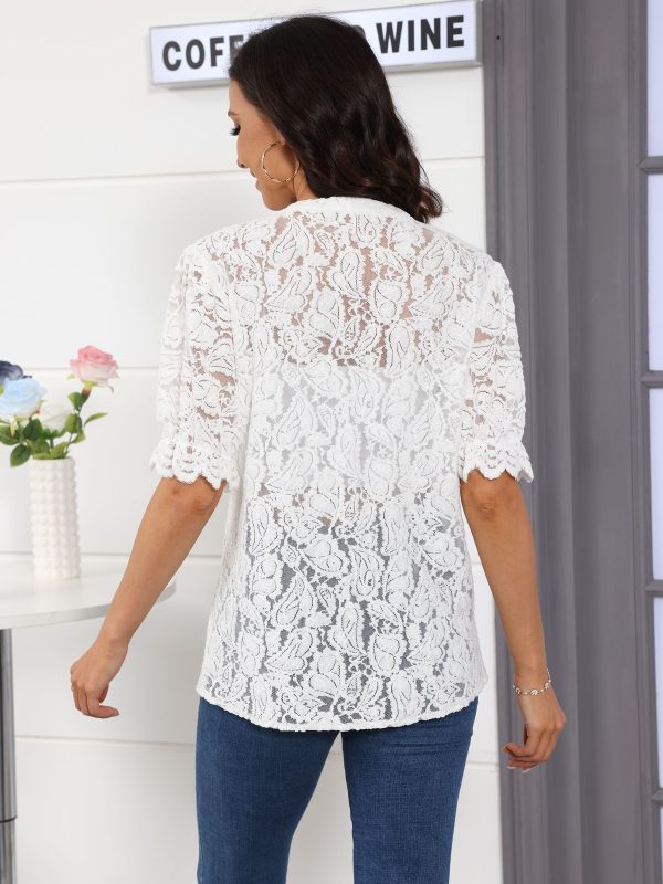Women's Summer Puff Short Sleeve Button Up Lace Top V Neck Dressy Casual Eyelet Blouse Shirt
