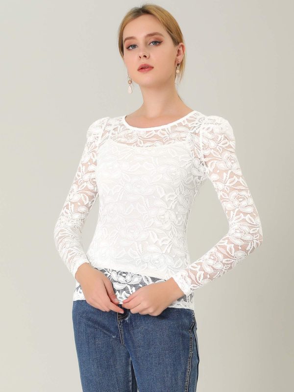 81ckQFE0nNL.jpg Women's Long Sleeve Lace Top Mesh Sheer Fitted Elegant Blouse