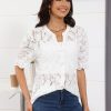 Women's Summer Puff Short Sleeve Button Up Lace Top V Neck Dressy Casual Eyelet Blouse Shirt