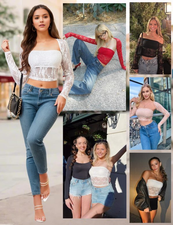 Going Out Tops for Women Long Sleeve 2 Piece Square Neck Tank Top Lace Mesh Sheer Crop Tops Strapless Shirts