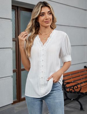 Womens Dressy Casual Blouse Short Puff Sleeve V Neck Lace Tops Summer Trendy Cute Ladies Business Work Shirt