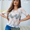 Mesh Top for Women Short Sleeve Crew Neck Fitted Top Solid & Floral Lace Tee Shirts
