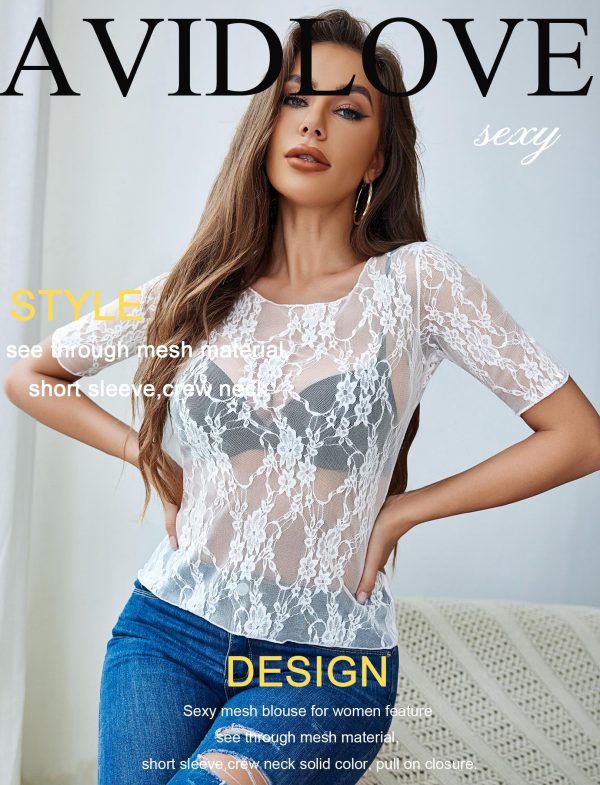 Mesh Top for Women Short Sleeve Crew Neck Fitted Top Solid & Floral Lace Tee Shirts