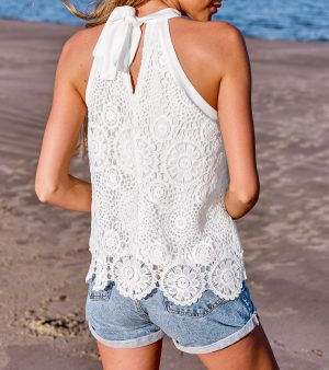 Women's Tank Tops Hollow Out Lace Boho Blouse Eyelet Embroidery Sleeveless Tops Shirts