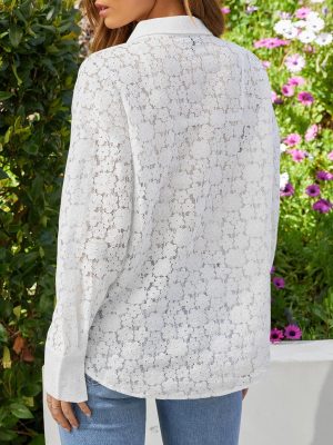 Womens Lace Shirts Dressy Button Down Shirts Embroidered Blouses Cotton Eyelet Long Sleeve Collared Tops