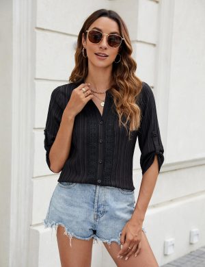 Womens Button Down Shirts Lace Crochet Dressy Casual Tops 3/4 Sleeve Work Summer Outfits 2025