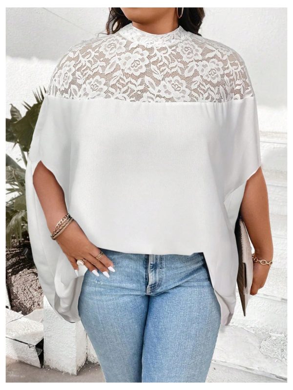 Women's Plus Size Contrast Lace Oversized Dolman Sleeve Mock Neck Tunic Tops