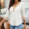 Women's Casual 3/4 Sleeve Shirts Lace V Neck Color Block Dressy Tops Trendy Hollow Floral Blouses T Shirts S-XXL