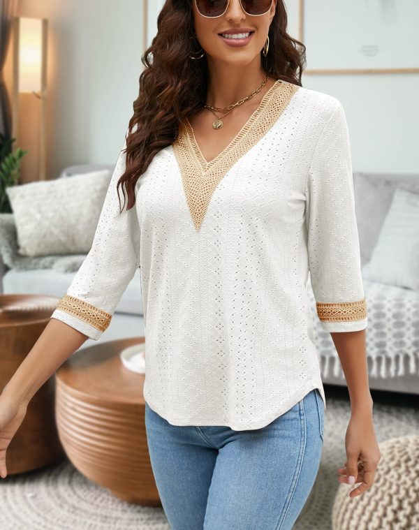 Women's Casual 3/4 Sleeve Shirts Lace V Neck Color Block Dressy Tops Trendy Hollow Floral Blouses T Shirts S-XXL