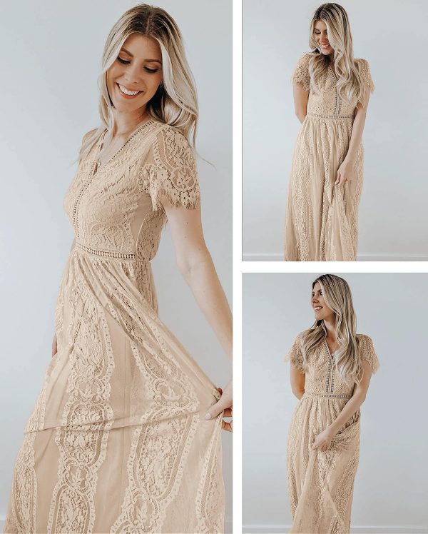 Women's V Neck Short Sleeve Floral Lace Wedding Dress Bridesmaid Cocktail Party Maxi Dress