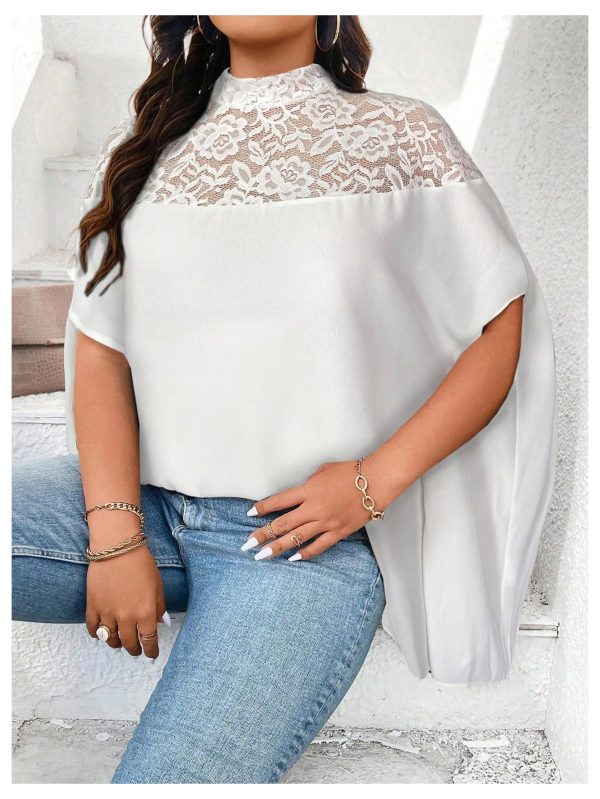 Women's Plus Size Contrast Lace Oversized Dolman Sleeve Mock Neck Tunic Tops