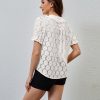 Women Puff Short Sleeve Blouse Shirts Peter Pan Collar Button Down Embroidered Lace See Through Tee Tunic Tops