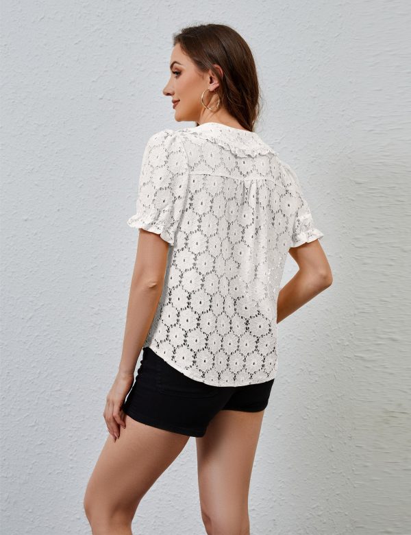 81lpOUR20JL.jpg Women Puff Short Sleeve Blouse Shirts Peter Pan Collar Button Down Embroidered Lace See Through Tee Tunic Tops