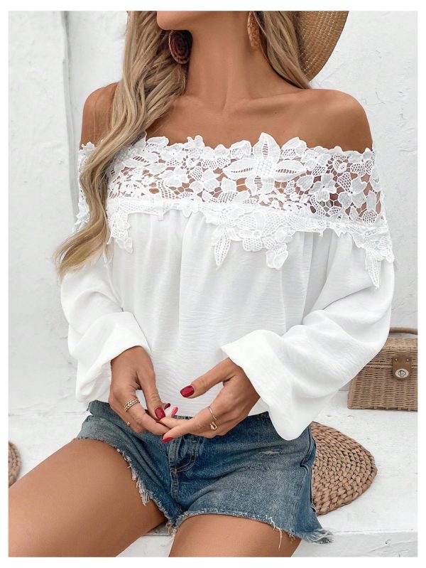 Women's Off Shoulder Lace Blouse Long Sleeve Dressy Shirts Vacation Tops