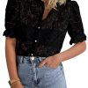 Womens 2025 Spring Lace Tops Short Puff Sleeve Casual Dressy Blouses Eyelet Crew Neck Button Down Shirts