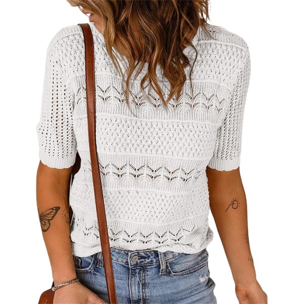 Women Short Sweater Hollow Out O Neck Pullover Knitted Tops Loose Fit Elegant Knit Shirt