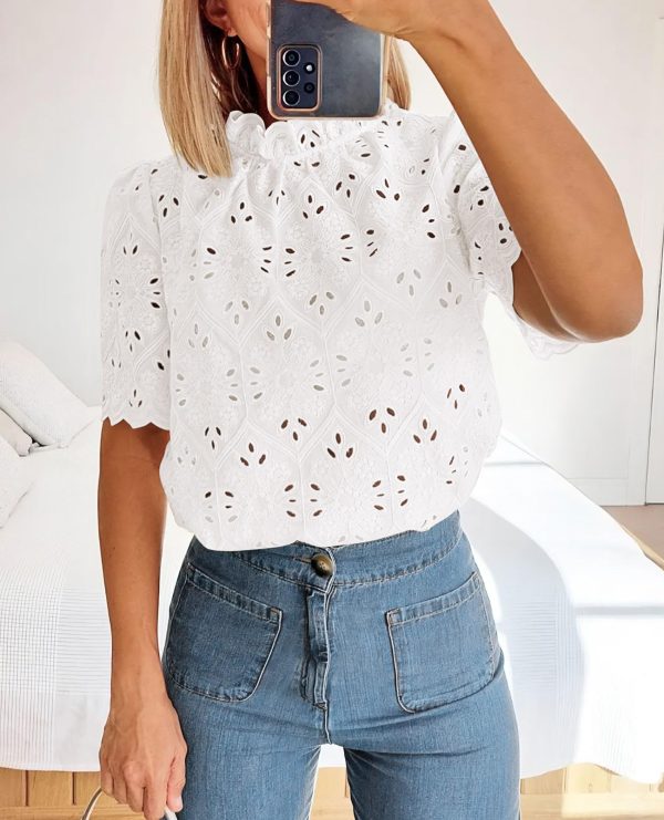 81n8CSPxruL.jpg Summer Tops for Women 2025 Trendy Short Sleeve Eyelet Embroidered Dressy Casual Blouse Shirts