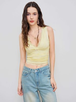 Lace Crop Tank Tops for Women Summer V Neck Sleeveless Going Out Tops Ruched Sexy Tee Trendy T Shirts Casual