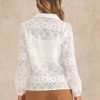 Women's Elegant Eyelet Top Casual Work Long Sleeve Hallow Out Lace Sheer Button Down Shirt