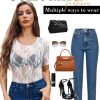 Mesh Top for Women Short Sleeve Crew Neck Fitted Top Solid & Floral Lace Tee Shirts