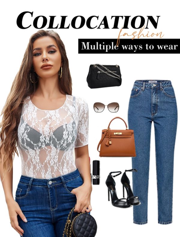 Mesh Top for Women Short Sleeve Crew Neck Fitted Top Solid & Floral Lace Tee Shirts