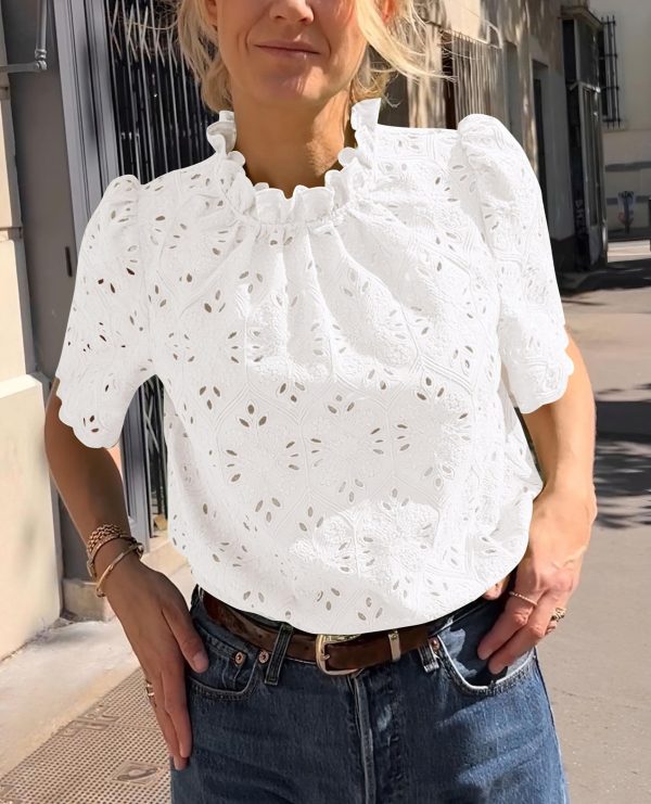 81pRG4Dq4-L.jpg Summer Tops for Women 2025 Trendy Short Sleeve Eyelet Embroidered Dressy Casual Blouse Shirts