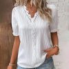 Womens 2025 Lace Shirts Elegant Short Sleeve V Neck Blouses Solid Textured T-Shirt Casual Comfy Outing Tops