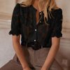 Womens 2025 Spring Lace Tops Short Puff Sleeve Casual Dressy Blouses Eyelet Crew Neck Button Down Shirts