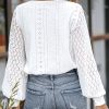Long Sleeve Tops for Women Eyelet Scalloped Lace V Neck Blouse Casual Loose Fashion Shirts