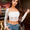 Going Out Tops for Women Long Sleeve 2 Piece Square Neck Tank Top Lace Mesh Sheer Crop Tops Strapless Shirts