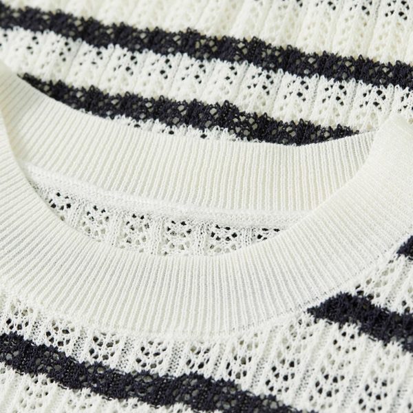 Women Short Sweater Striped Knit Pullover Loose Fit Contrast O Neck Knitted Tops