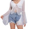Women's Lace Tops Tie Front Bell Long Sleeve Sheer Blouse Crop Tops