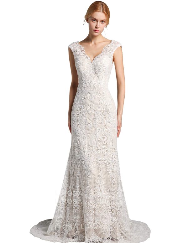 Romantic Ivory Lace Wedding Dresses for Brides V Neck Backless Cap Sleeves Sheath Boho Bridal Gown for Bride
