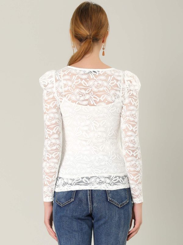 81unGkTNIzL.jpg Women's Long Sleeve Lace Top Mesh Sheer Fitted Elegant Blouse
