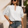 Womens Eyelet Summer Tops Lantern Short Sleeve Button V Neck Dressy Casual Blouses Hollow Out Embroidered Lace Shirts