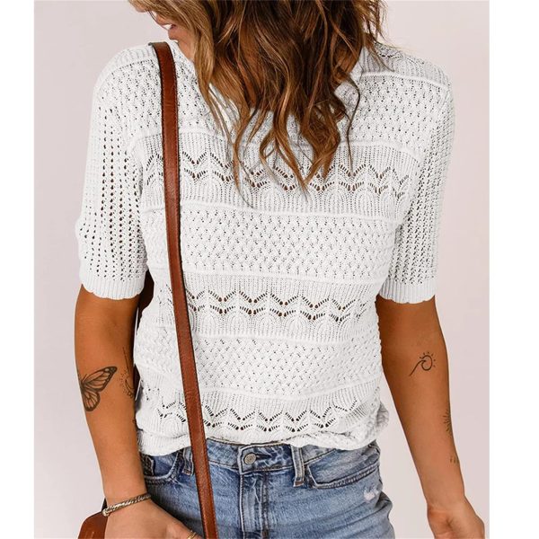 Women Short Sweater Hollow Out O Neck Pullover Knitted Tops Loose Fit Elegant Knit Shirt