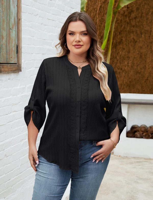 Womens Button Down Shirts Lace Crochet Dressy Casual Tops 3/4 Sleeve Work Summer Outfits 2025