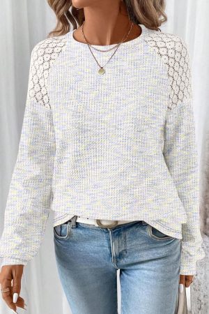Fall Tops for Women Casual Crew Neck Waffle Knit Lace Raglan Long Sleeve Shirts Loose Fit Blouses Top