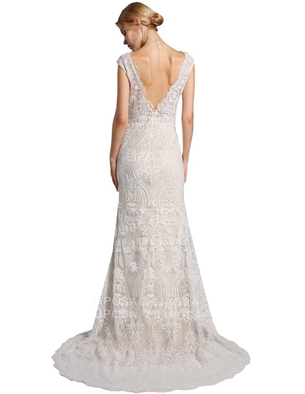 Romantic Ivory Lace Wedding Dresses for Brides V Neck Backless Cap Sleeves Sheath Boho Bridal Gown for Bride