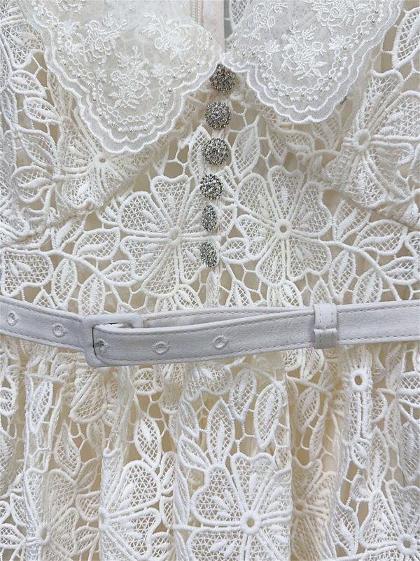 81xtrNL0PvL.jpg Women's Slimming Embroidery Dress - V-Neck Short Sleeve High Waist Belted Spring Dress