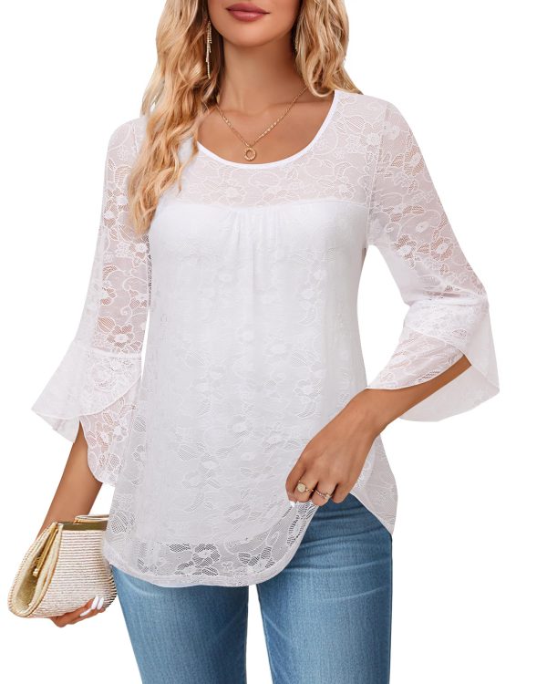 81yNZ-TcrfL.jpg Women's Ruffle 3/4 Sleeve Elegant Dressy Blouses Crew Neck Double Layers Mesh Tunic Tops