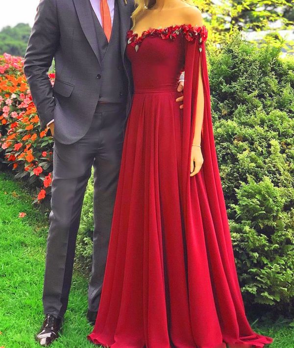 Floral Off The Shoulder Goddess Long Sleeves Cape Prom Evening Dresses