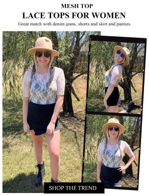 Mesh Top for Women Short Sleeve Crew Neck Fitted Top Solid & Floral Lace Tee Shirts