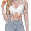 Womens Mesh Sheer Tops Long/Short Sleeve Mock Neck Sexy See Through Shirts Lace Floral Blouses Y2K Layering Top
