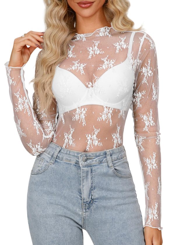 Womens Mesh Sheer Tops Long/Short Sleeve Mock Neck Sexy See Through Shirts Lace Floral Blouses Y2K Layering Top