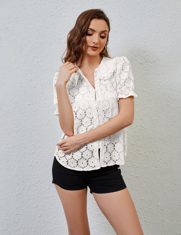 91S4ZwMfyGL.jpg Women Puff Short Sleeve Blouse Shirts Peter Pan Collar Button Down Embroidered Lace See Through Tee Tunic Tops