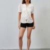 Women Puff Short Sleeve Blouse Shirts Peter Pan Collar Button Down Embroidered Lace See Through Tee Tunic Tops
